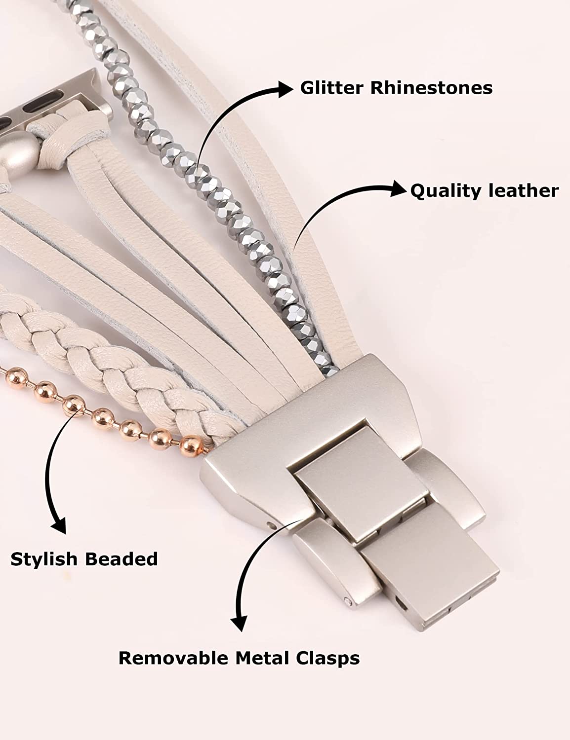 Wearlizer Posh Leather Bands Compatible With Apple Watch Band 41mm 40mm 38mm Women, Boho Handmade Braided Beads Bracelets Multilayer Wrap Jewelry Strap For iwatch Series Ultra 8 7 6 5 4 3 2 1 Se - Image 5